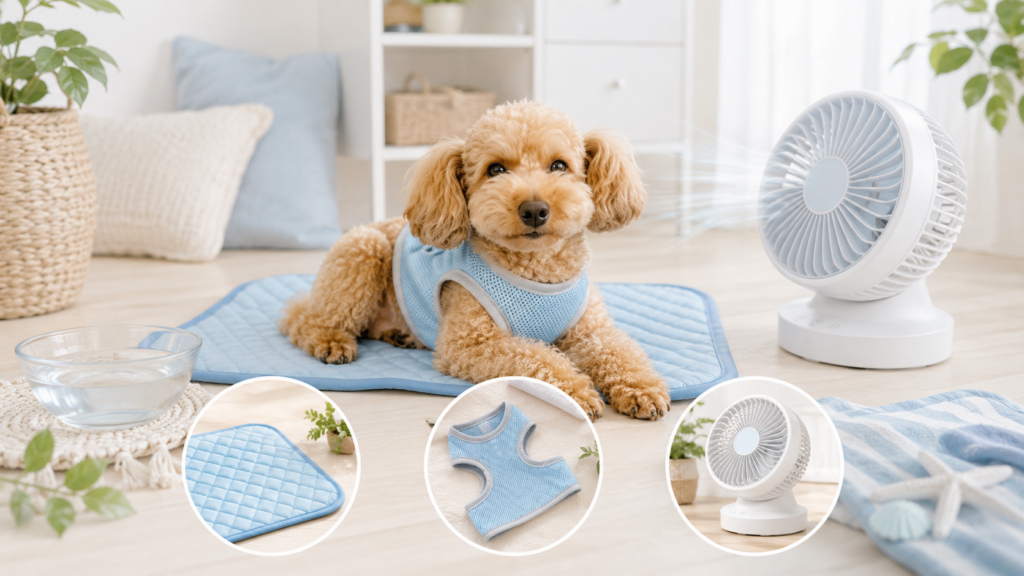 犬の暑さ対策として冷却マットや扇風機などのグッズを比較するイメージ画像