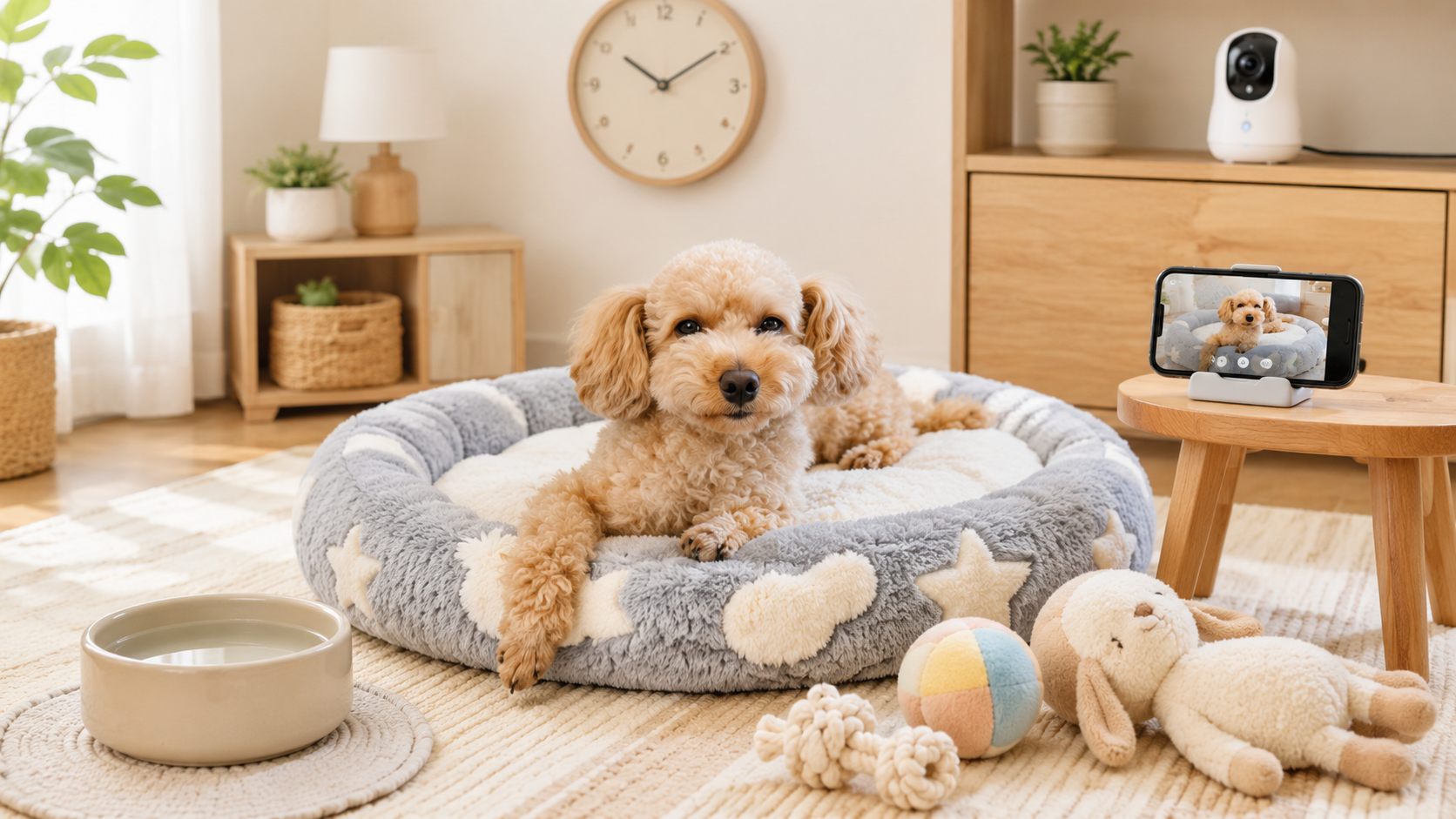 犬が室内で留守番している様子と快適な環境づくりのイメージ画像