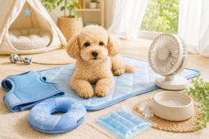 犬の夏の暑さ対策として冷却マットや扇風機を使い室内環境を整えるイメージ画像