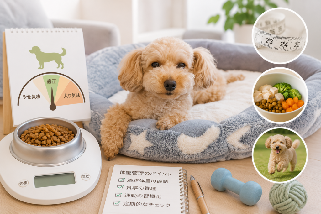 犬の体重管理のために食事量や運動量を確認するイメージ画像